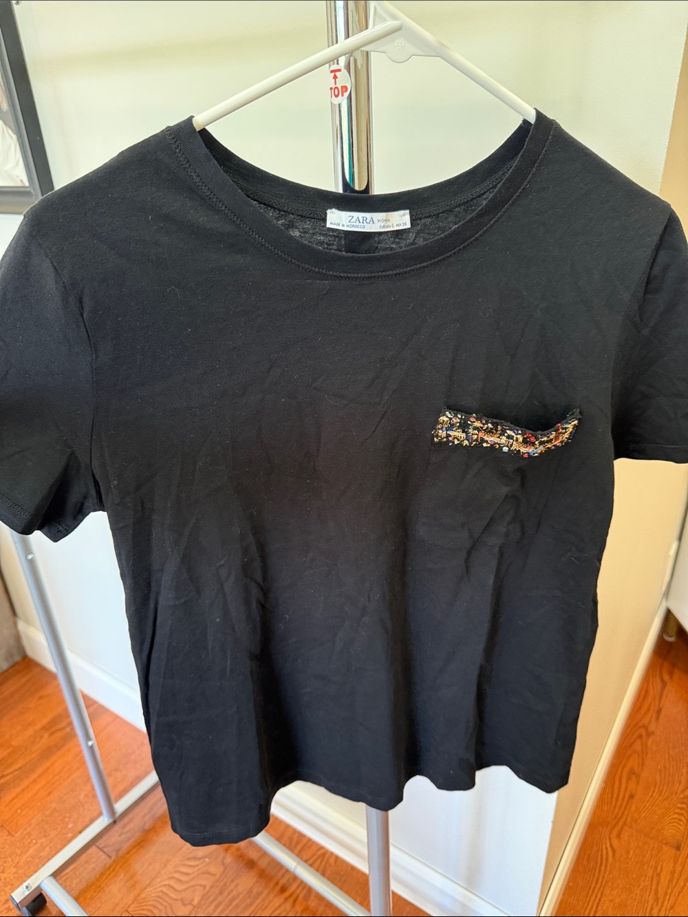 Zara Black Tee with Multicolor Beaded Pocket Trim